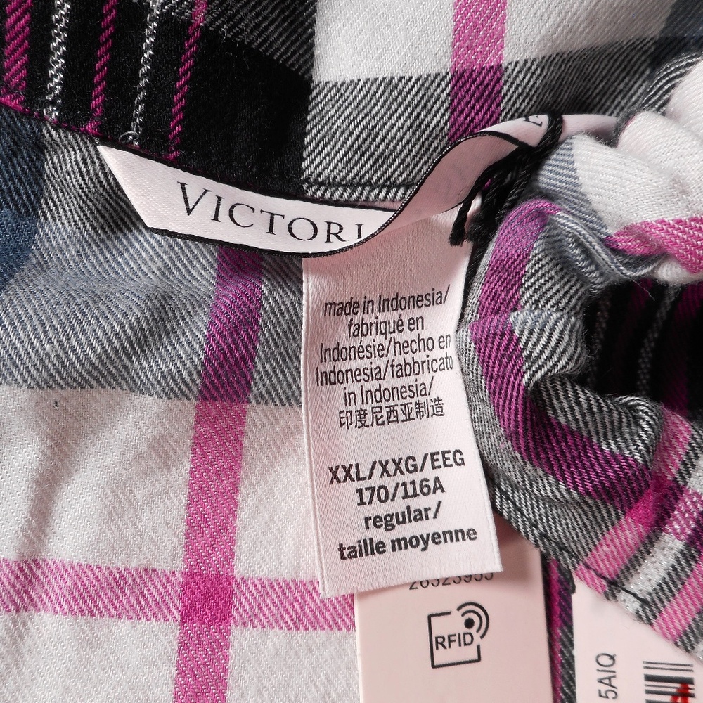 NWT Victoria Secret Flannel Pajama Set XXL 3pc Lounge Black Gray Hot Pink Plaid - Picture 13 of 15